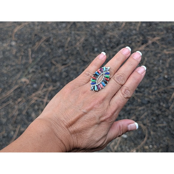 Handcrafted Navajo Cluster Ring Size 7.5 Women's Southwest Signed Jewelry ** - Picture 6 of 9